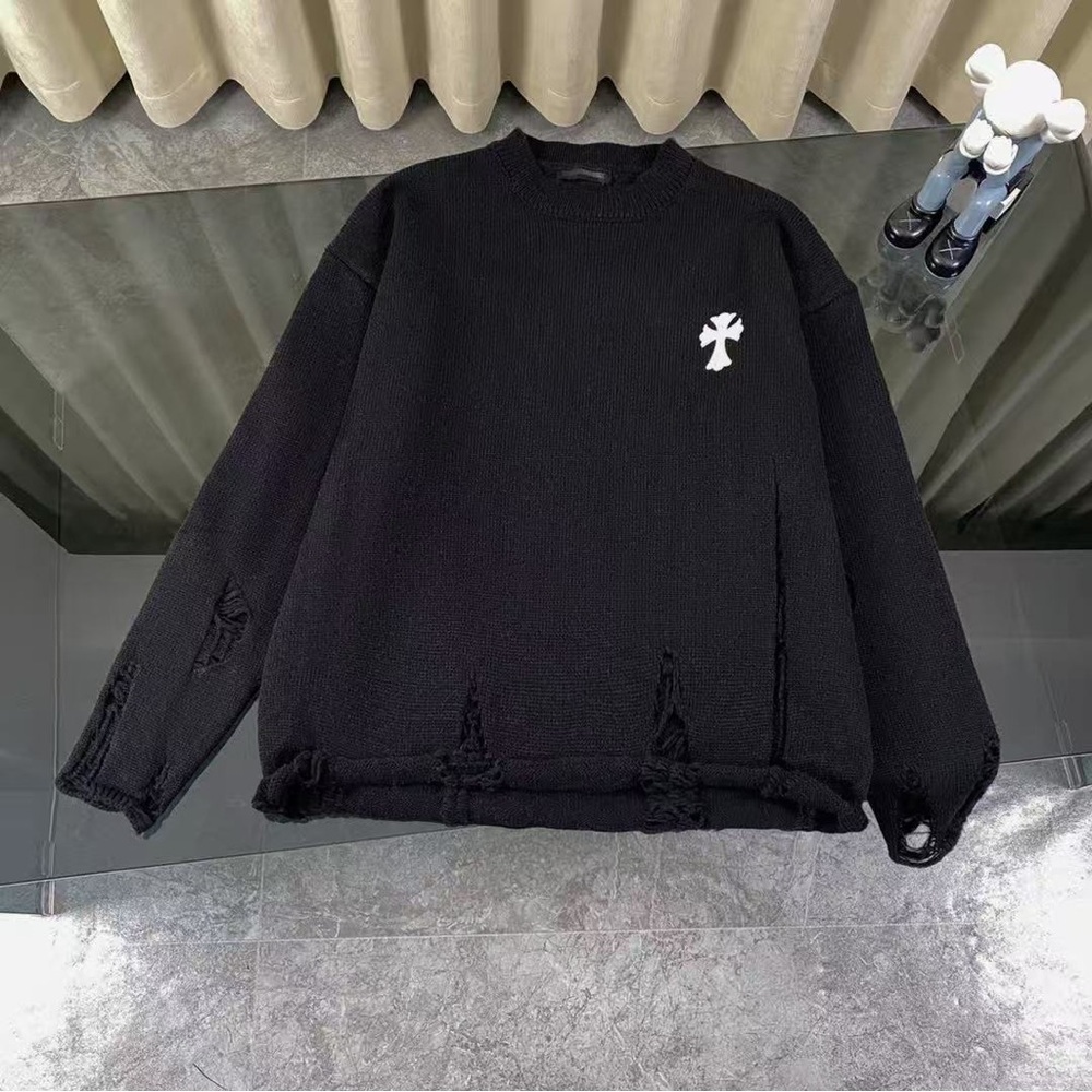 Chrome Hearts Black Distressed Knit Sweater White Cross Patch